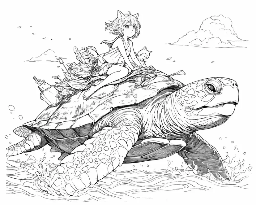 巨大なカメと冒険の旅の塗り絵