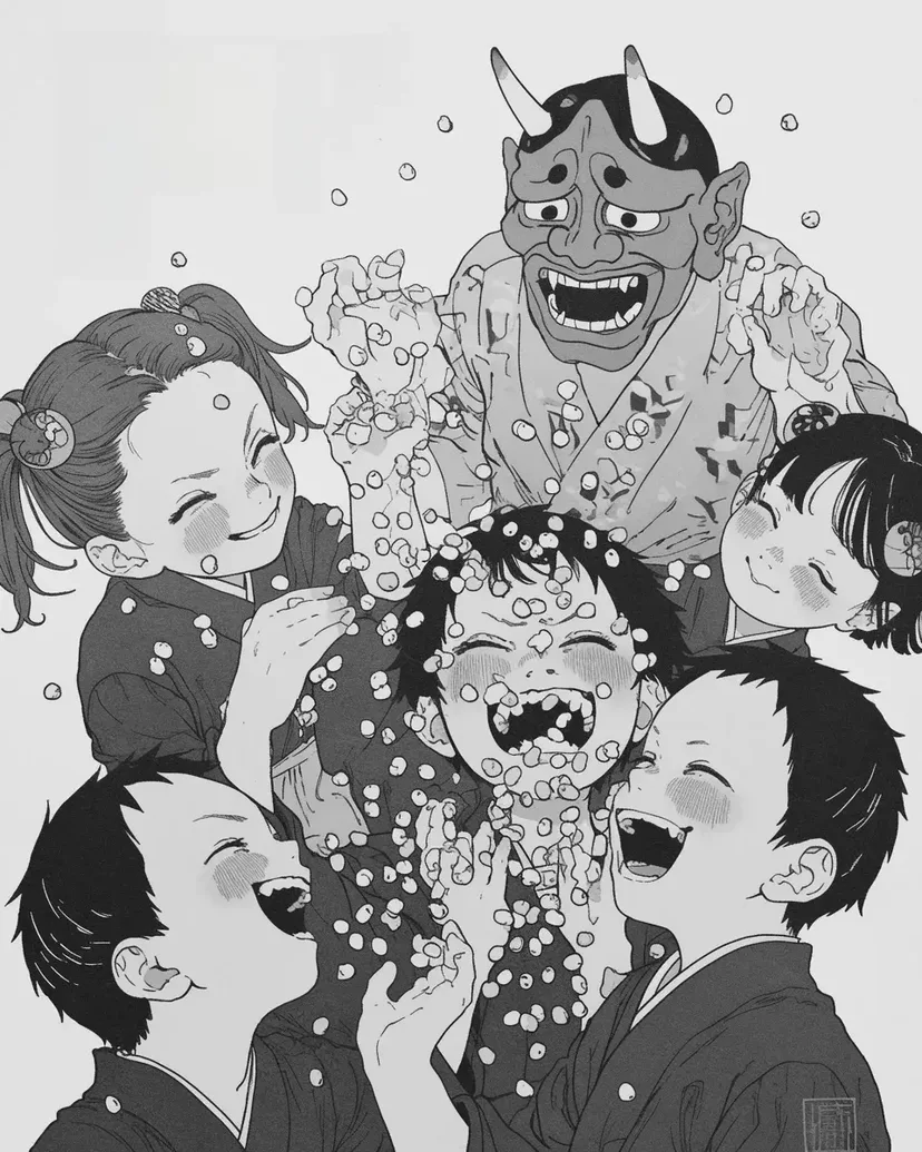 豆まきの笑い声の塗り絵