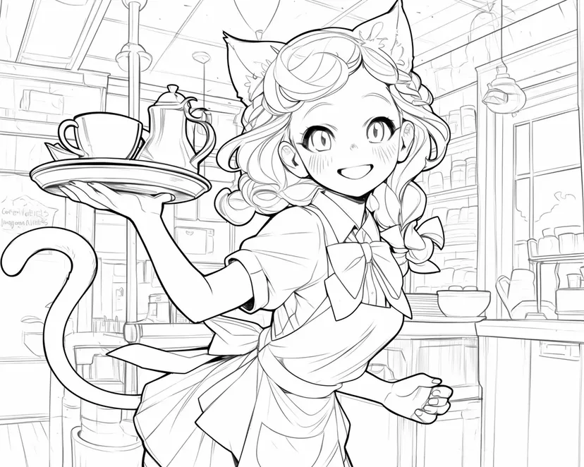 Desenho de Café da Empregada com Orelhas de Gato para colorir