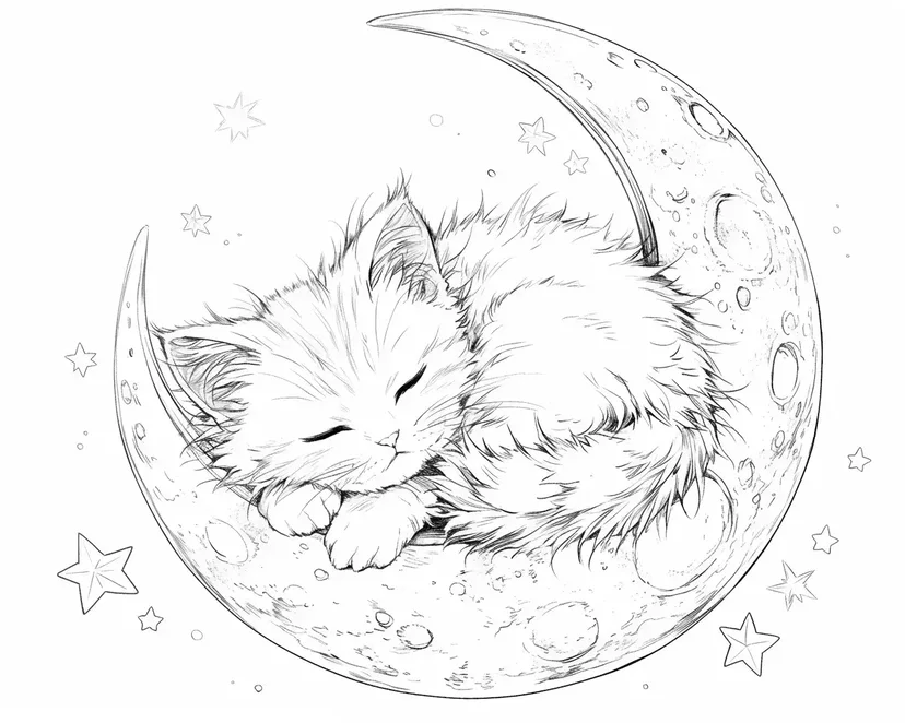 Desenho de Gatinho Dormindo em uma Lua Crescente para colorir