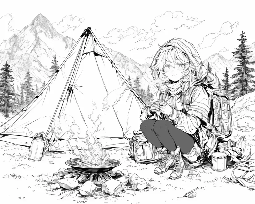 Coloriage Camping dans les Montagnes