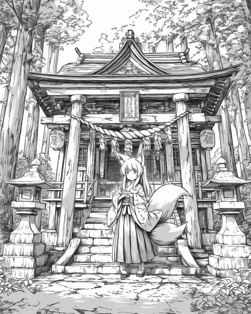 Mystical Fox Shrine in the Forest coloring page