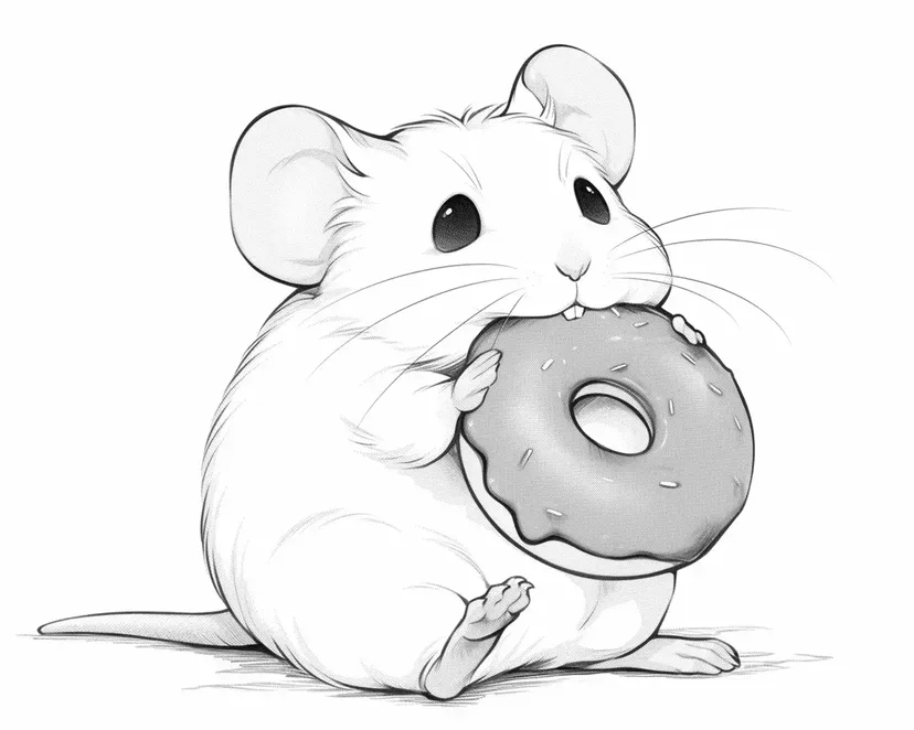 ドーナツを食べるかわいいねずみの塗り絵