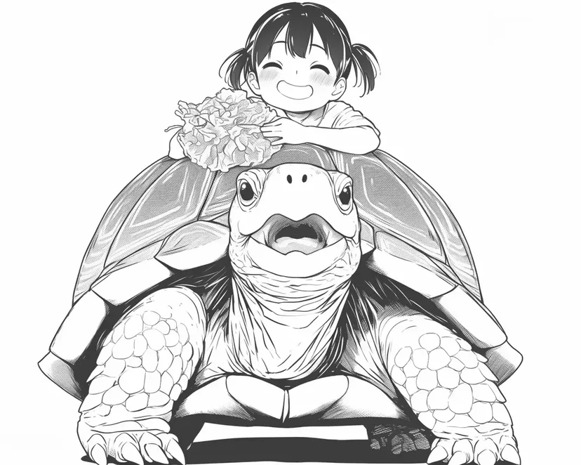 カメと女の子の塗り絵