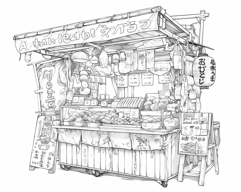 にぎやかな屋台の塗り絵