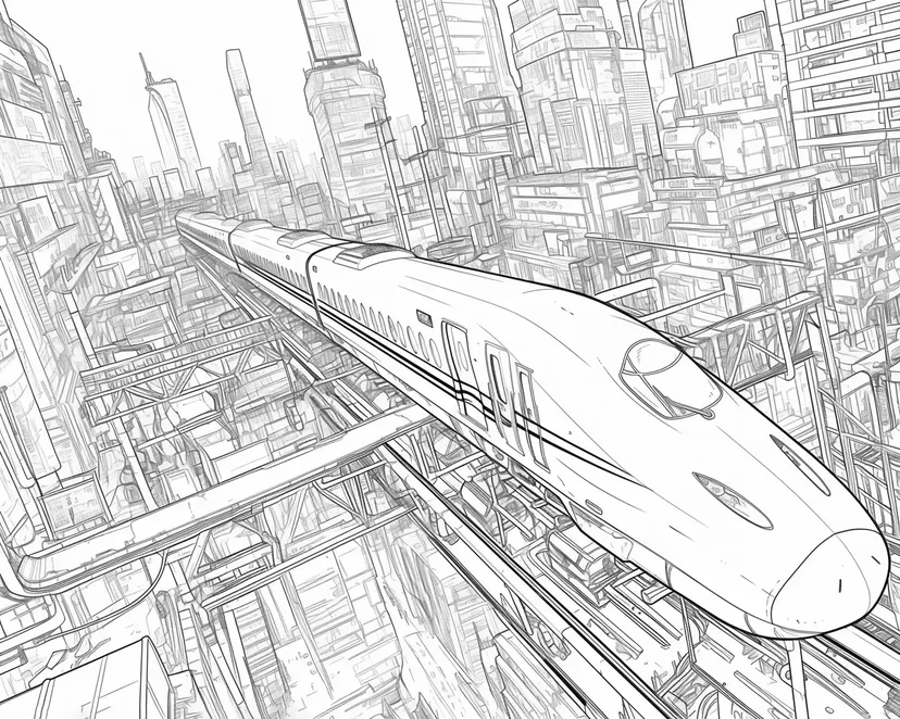 未来都市と新幹線の塗り絵