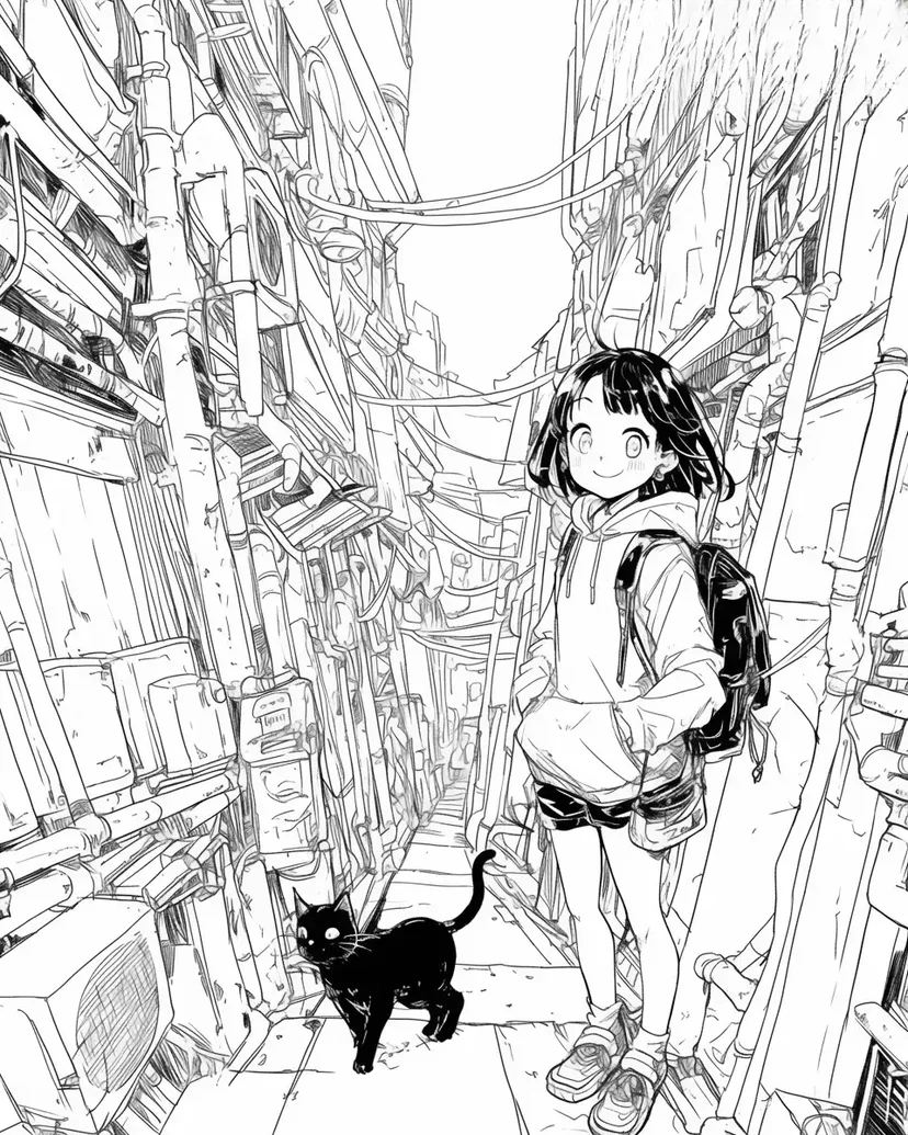 Dibujo de Chica Caminando en un Estrecho Callejón con un Gato Negro para colorear
