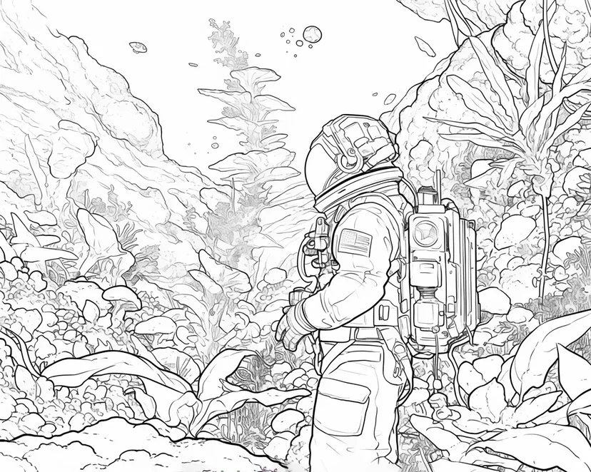Dibujo de Explorador Espacial y Plantas Misteriosas para colorear
