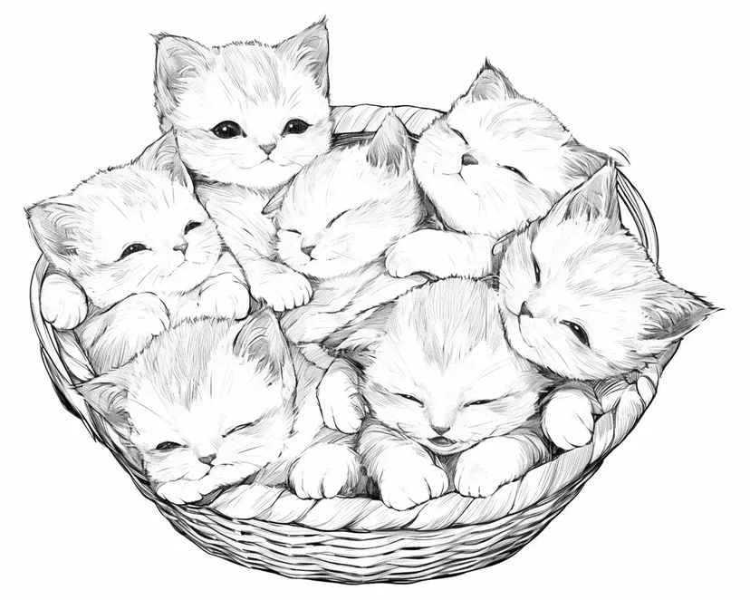 かごの中のかわいい子猫たちの塗り絵