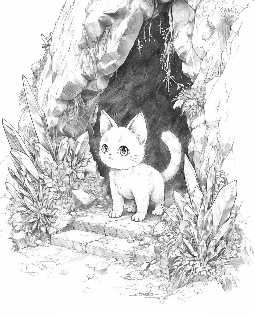 Dibujo de Gatito en la Entrada de la Cueva para colorear