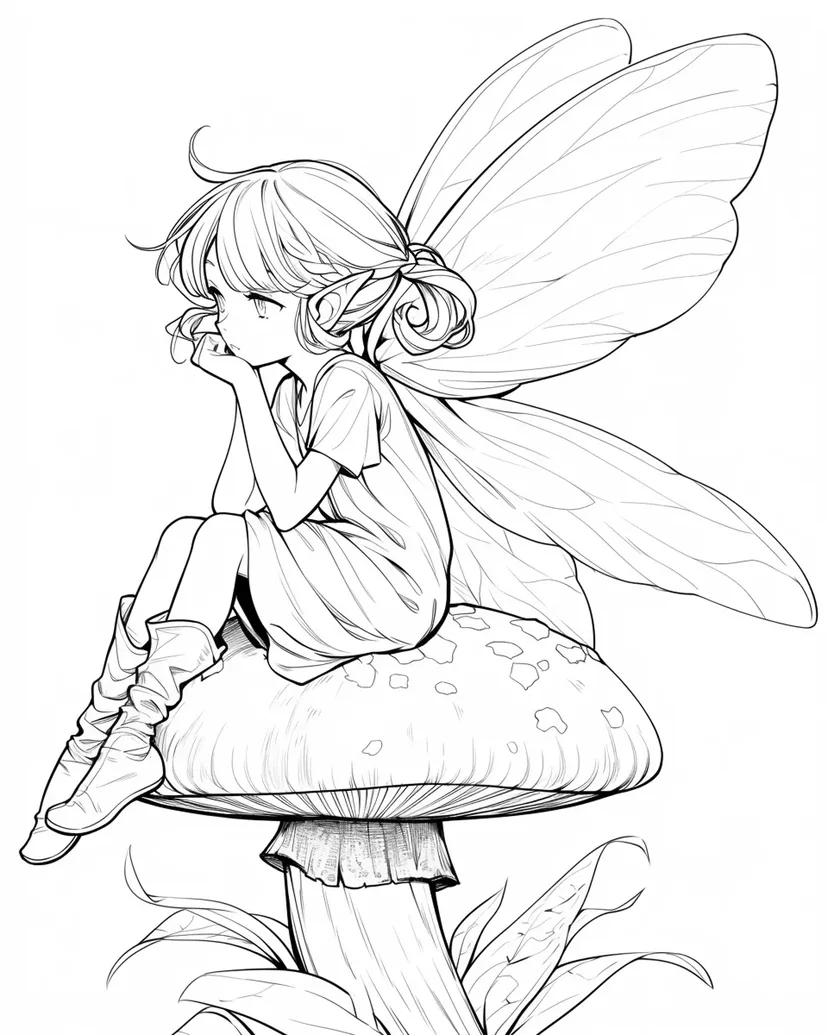 きのこの上の妖精の塗り絵