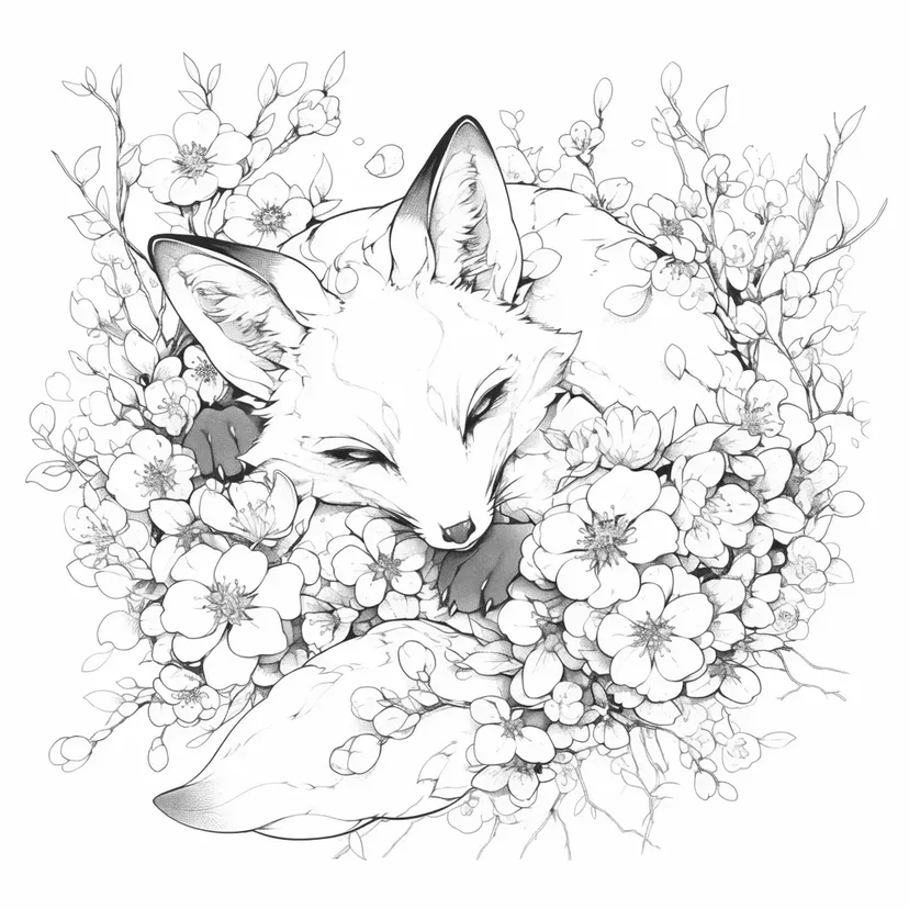 Desenho de Raposa em Flores de Cerejeira para colorir