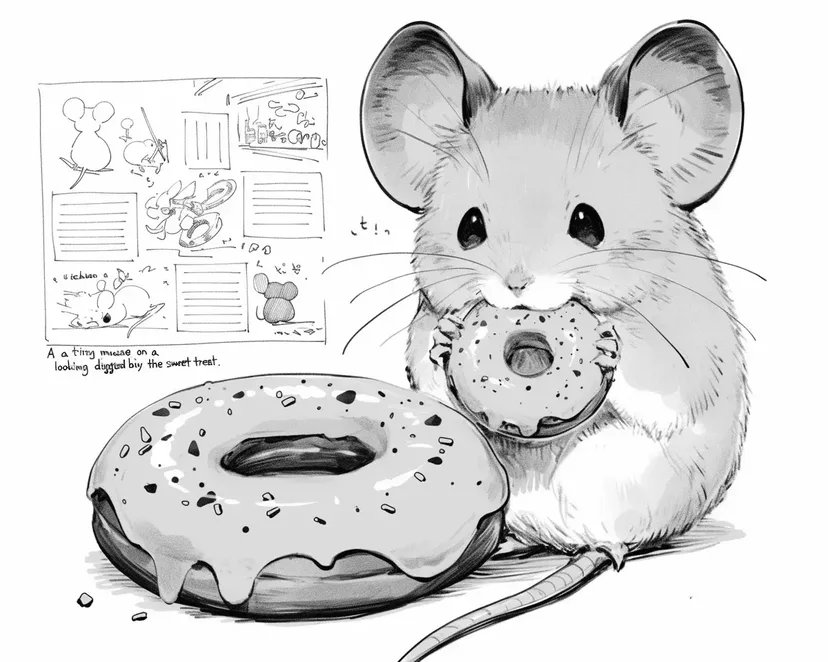 ドーナツを食べる小さなネズミの塗り絵