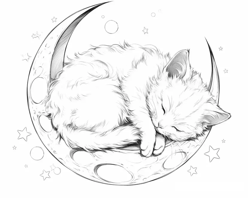 Cat Sleeping on the Crescent Moon coloring page