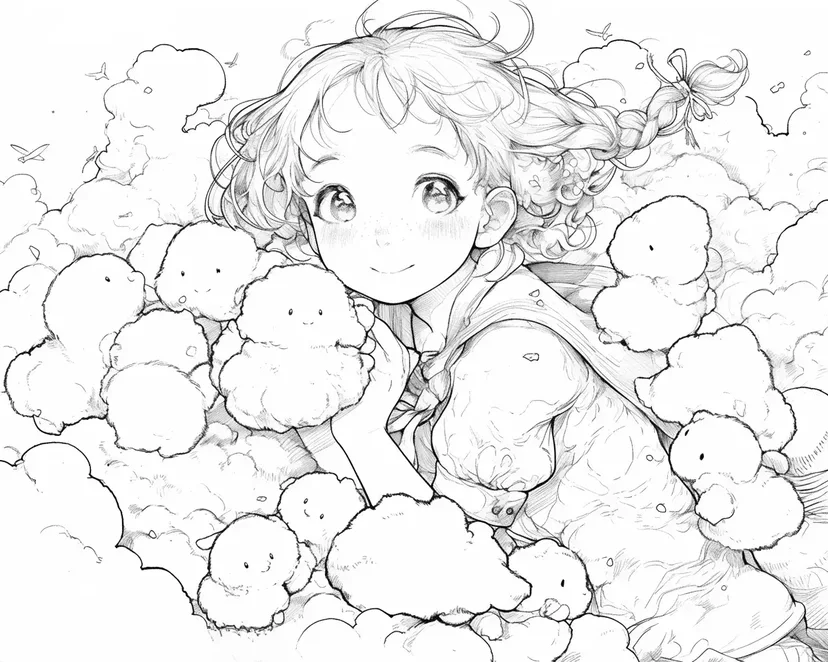 Dibujo de Fantasía de Nubes y Chica para colorear