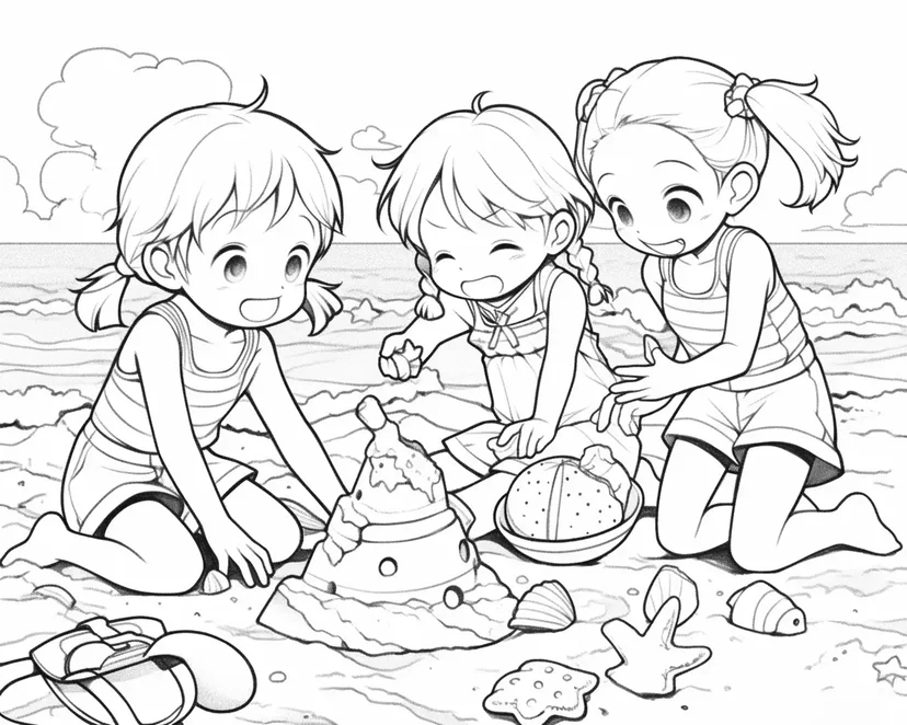 砂浜での思い出の塗り絵