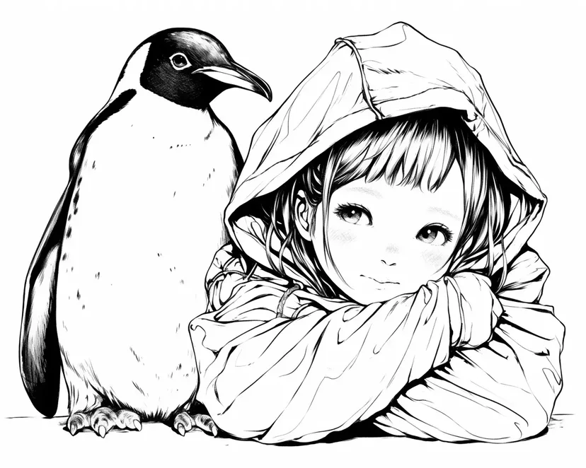 ペンギンと少女の微笑みの塗り絵