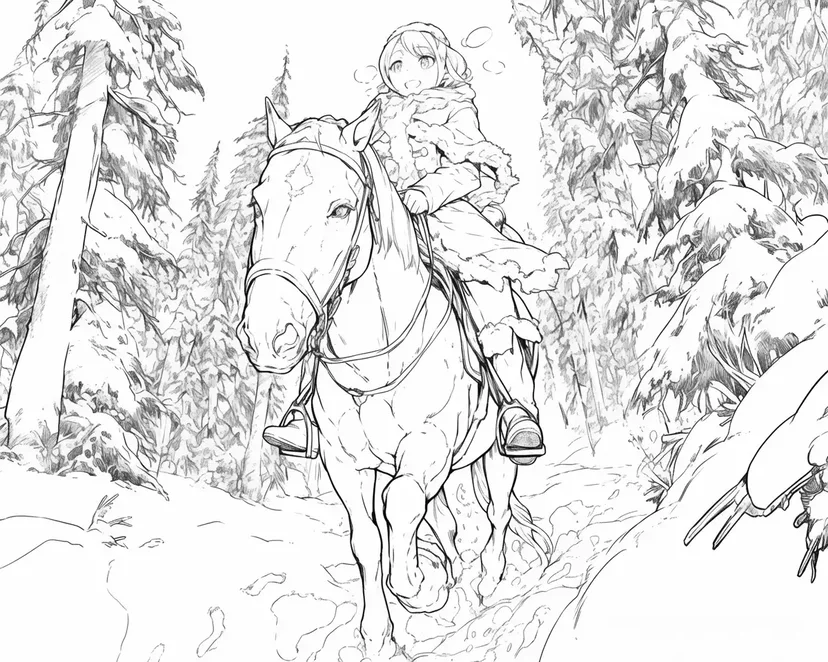 雪の森を駆ける少女の塗り絵