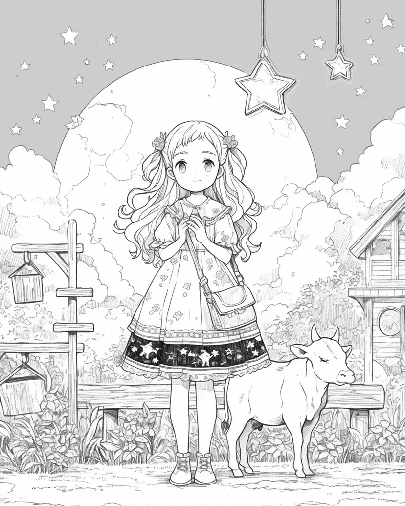 Desenho de Menina e o Céu Estrelado com Bezerro para colorir