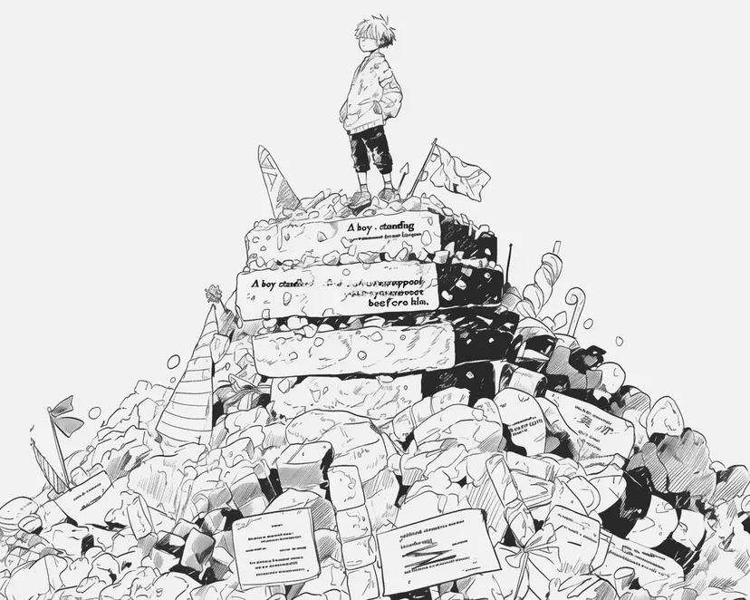 Boy Standing on a Mountain of Candy coloring page