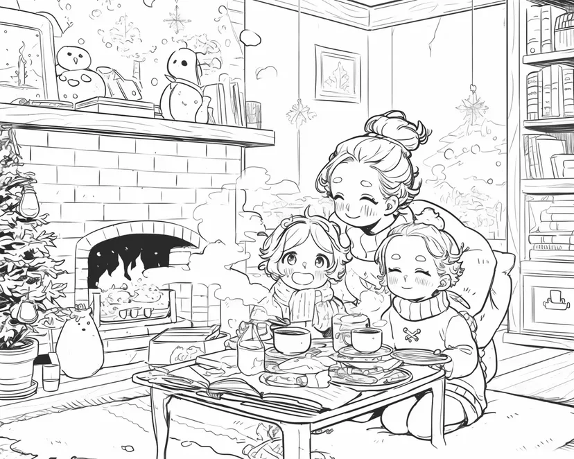 暖かいクリスマスのひとときの塗り絵