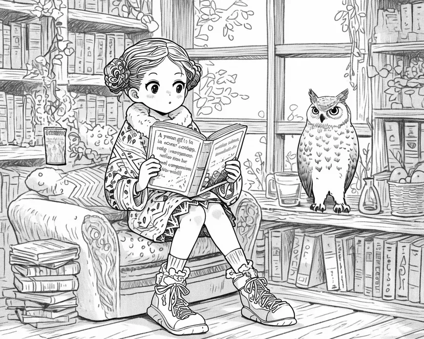 読書の少女とフクロウの塗り絵