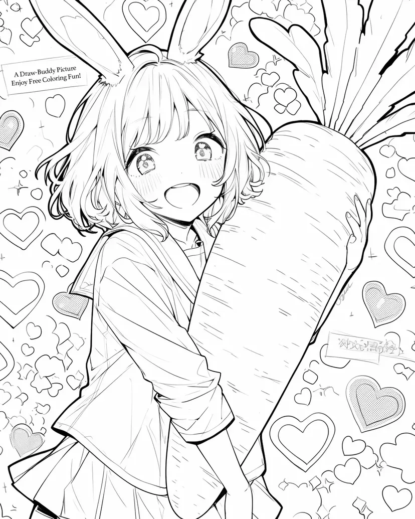 Desenho de Menina com Orelhas de Coelho e uma Cenoura Gigante para colorir