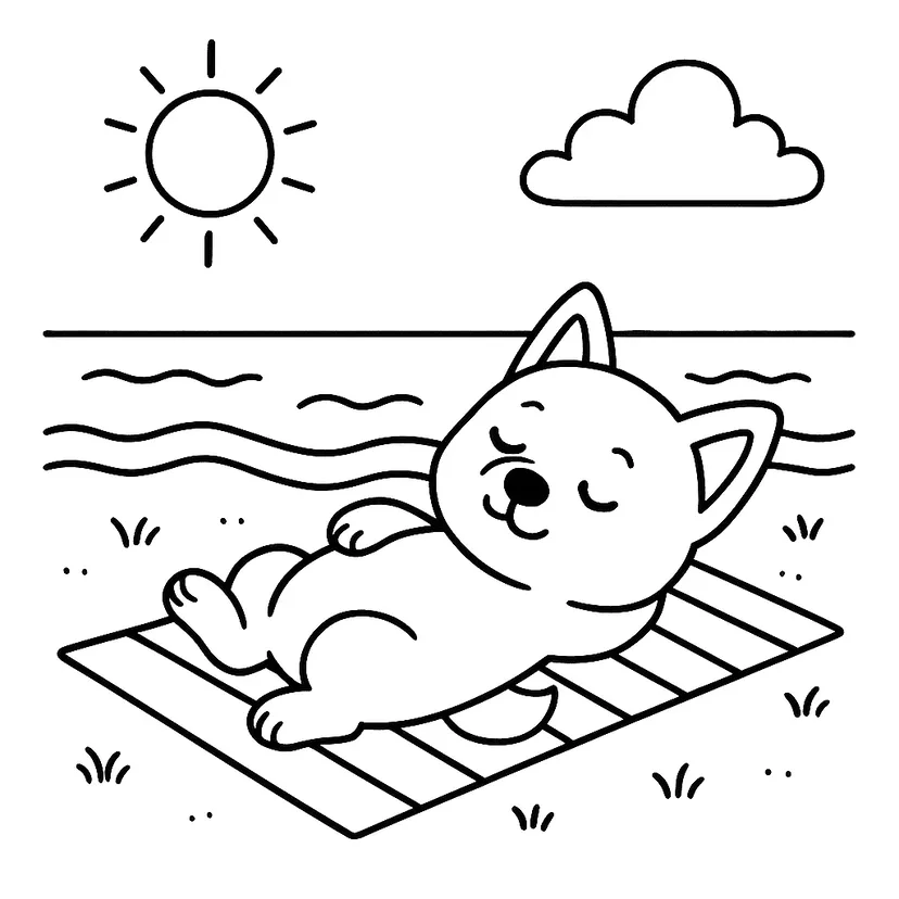 Dibujo de Cachorro Tomando el Sol en la Playa para colorear