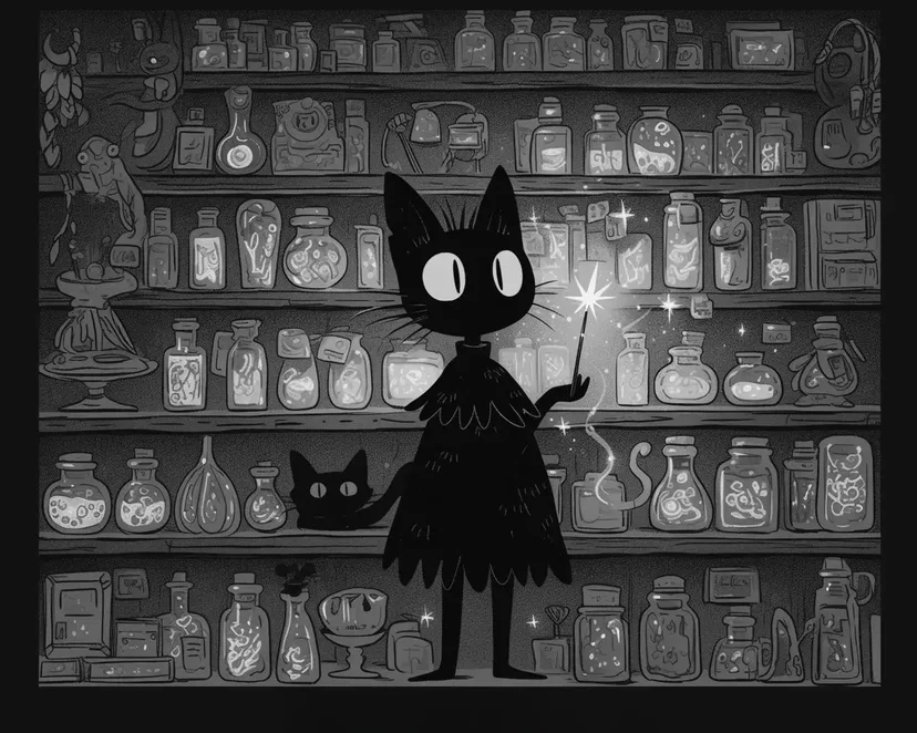 Black Cat in Front of the Potion Shelf coloring page
