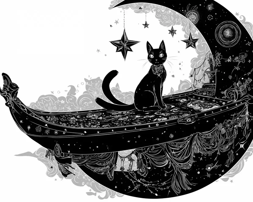 Black Cat on the Moon Boat coloring page