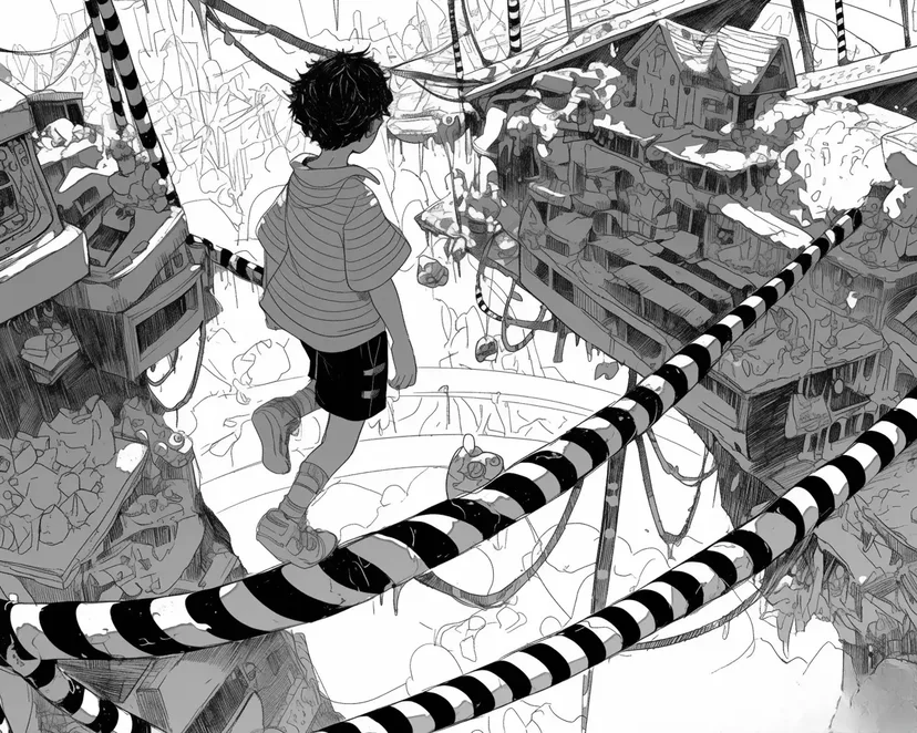 Dibujo de Niño Caminando por el Pueblo de Caramelos para colorear