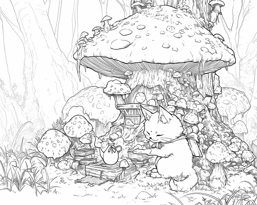 Coloriage Chat dans la Forêt Enchantée
