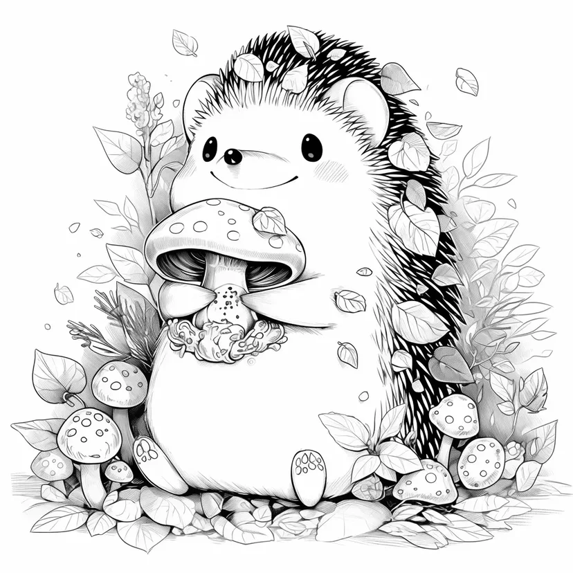 キノコを抱えるハリネズミの塗り絵