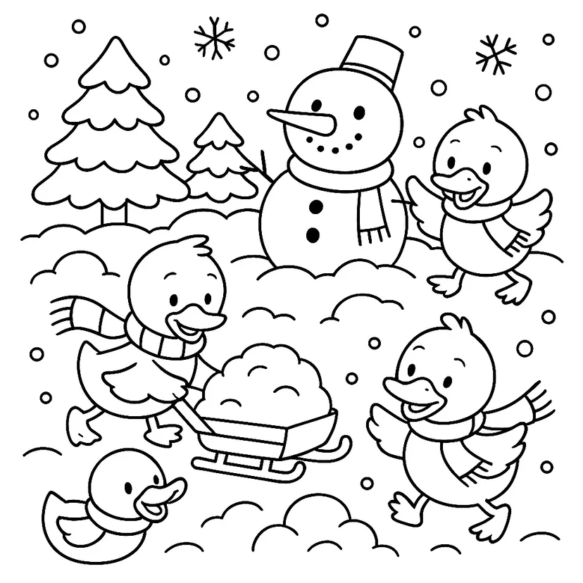 Ducks Playing in the Snow coloring page