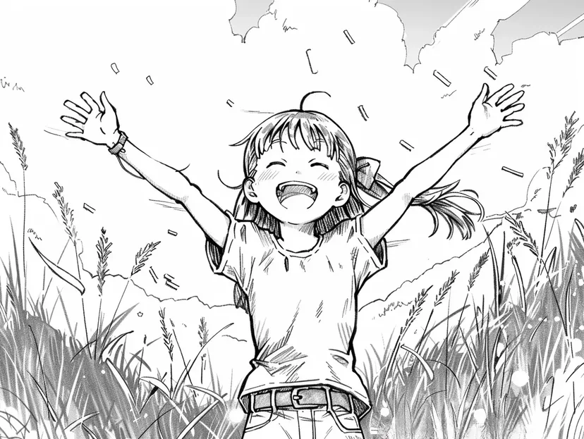 Coloriage Fille se Réjouissant dans la Prairie