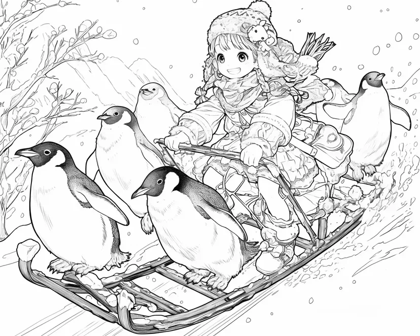 ペンギンとそり遊びの塗り絵