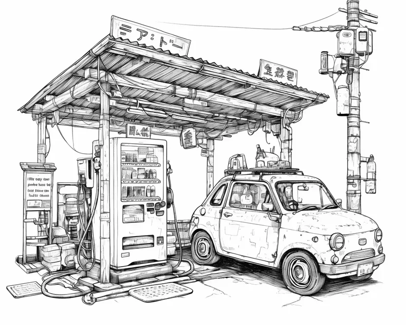 小さなガソリンスタンドの塗り絵