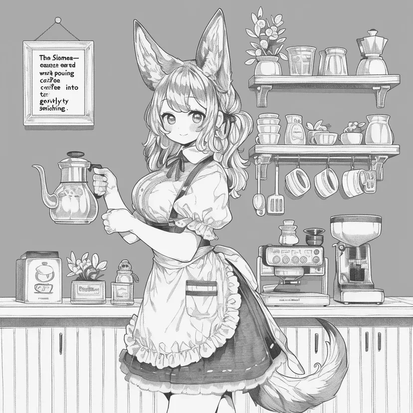 カフェで働くキツネの耳の少女