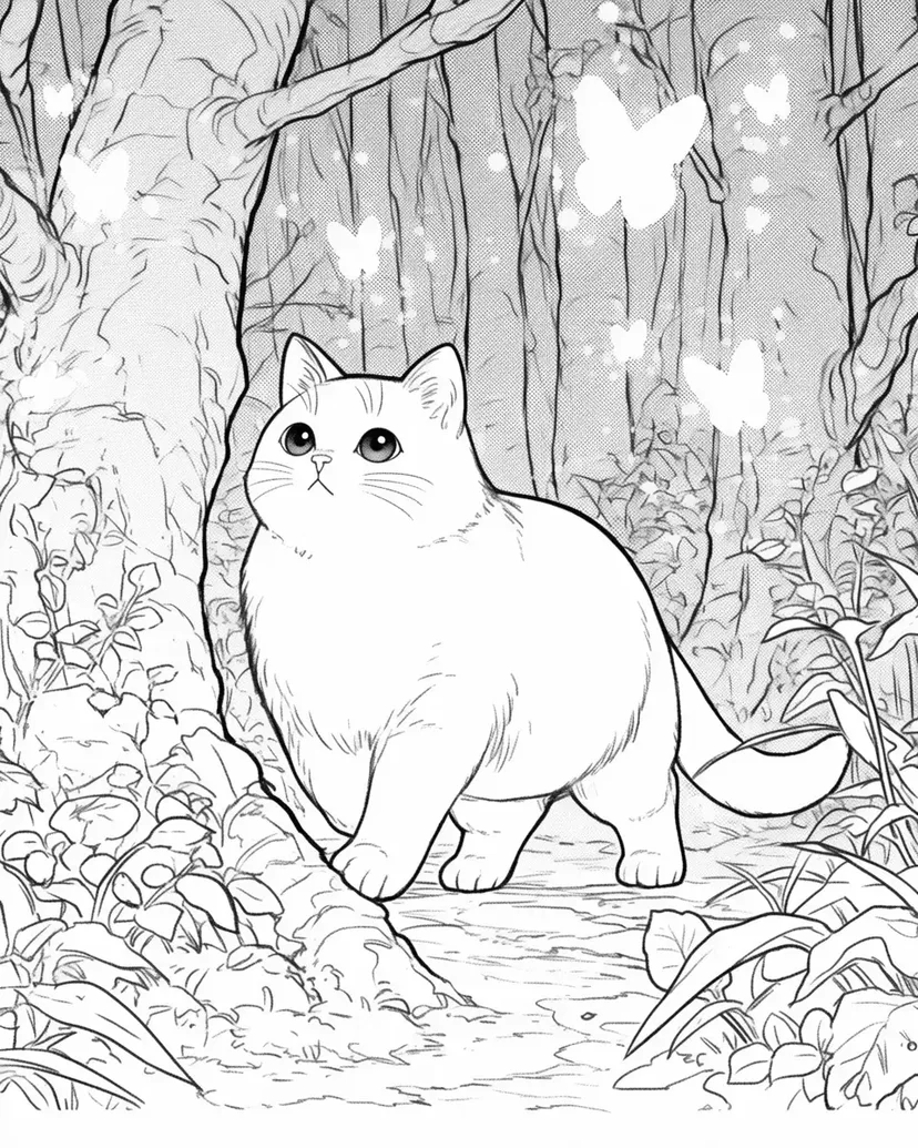 Dibujo de Gato Misterioso Caminando en el Bosque para colorear