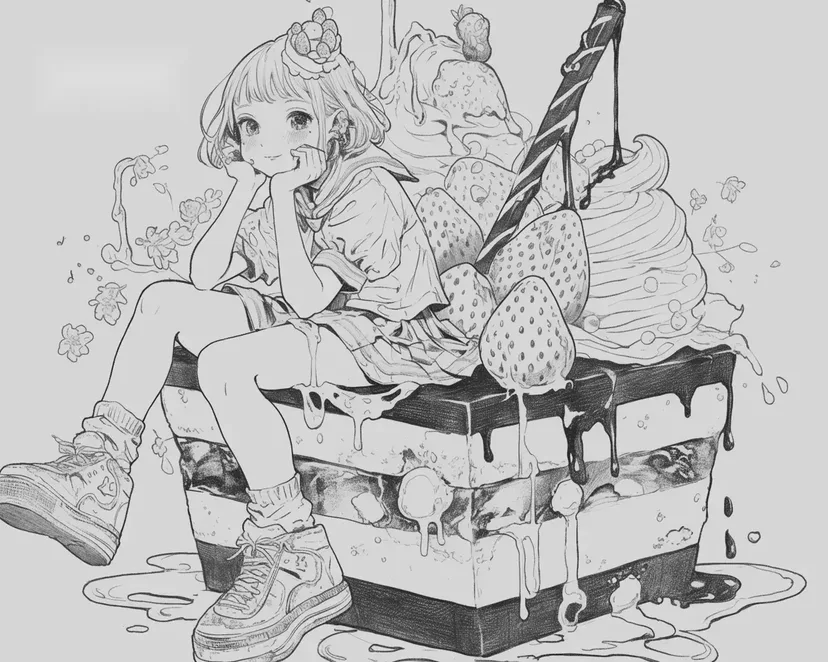 巧克力蛋糕上的梦幻女孩涂色页