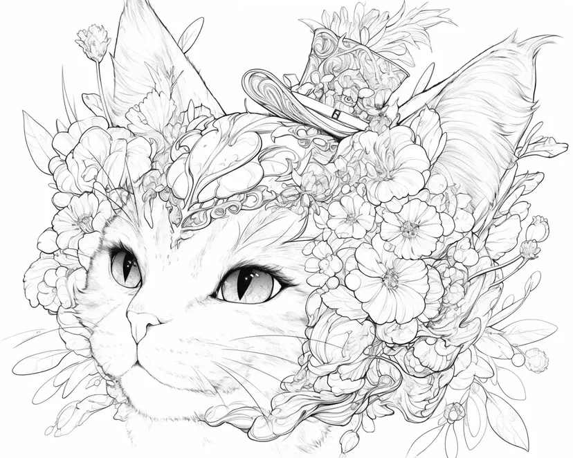 戴花帽的猫涂色页