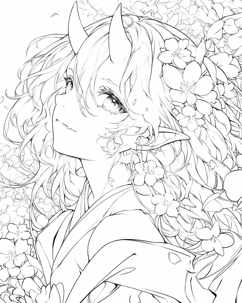 Desenho de Fada Entre as Flores de Cerejeira para colorir