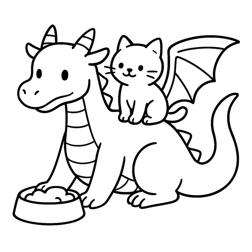 Dibujo de Amistad del Dragón y el Gato para colorear