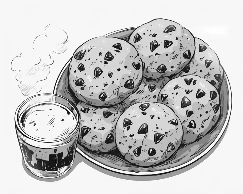 Dibujo de Galletas con Chispas de Chocolate y Leche para colorear