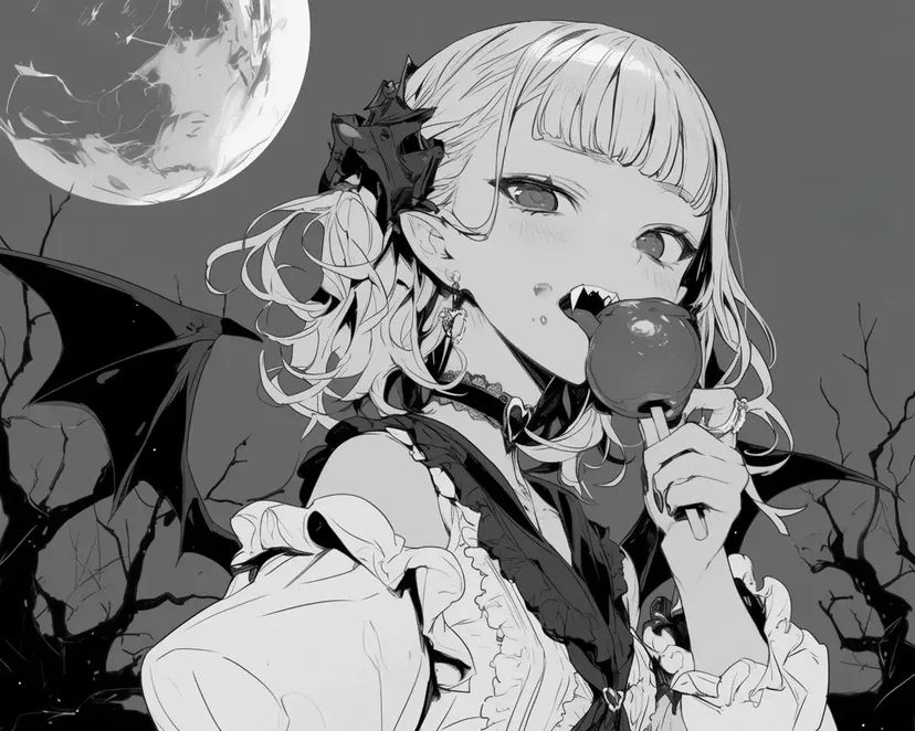 満月の夜のヴァンパイア少女の塗り絵