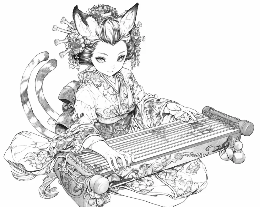 Dibujo de Chica Gato Tocando el Koto para colorear