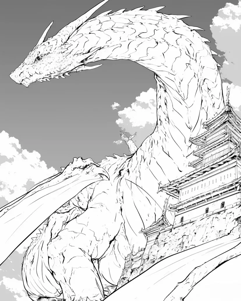 天空龙与古堡涂色页