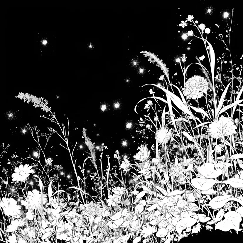 Dibujo de Campo de Flores Bajo el Cielo Estrellado para colorear