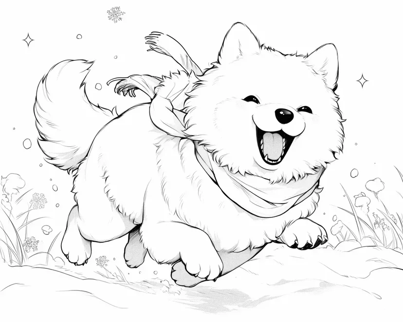 雪原を駆けるふわふわの犬の塗り絵
