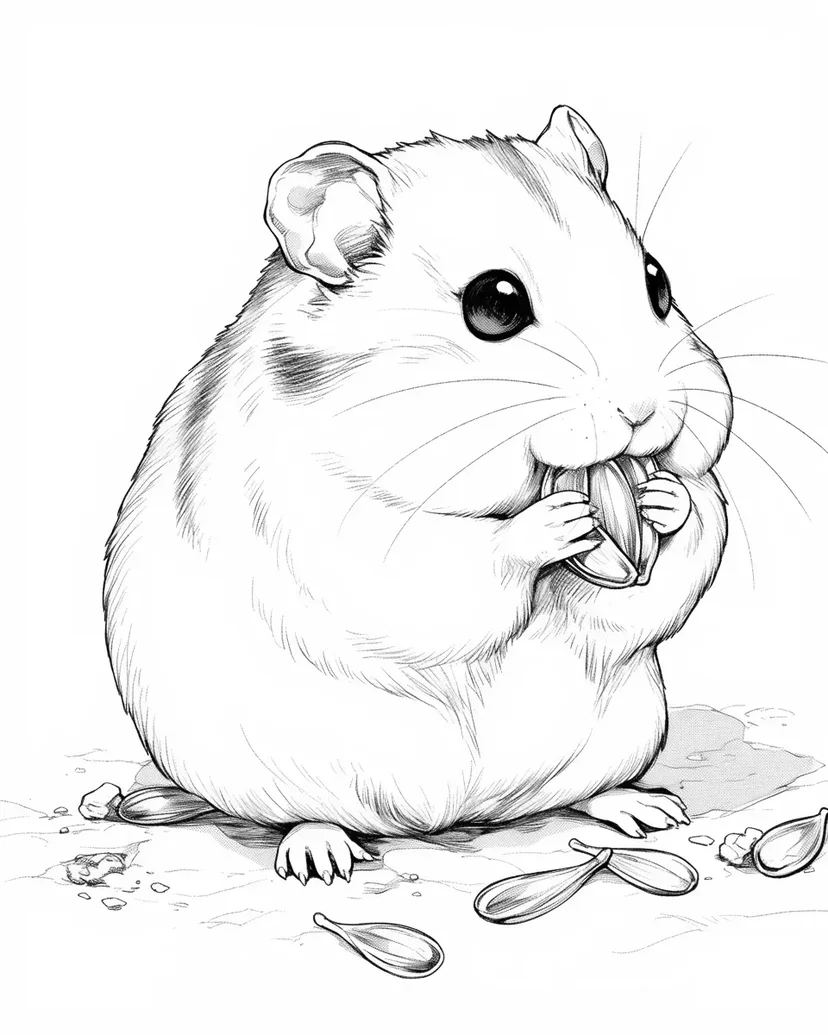 ひまわりの種を食べるハムスターの塗り絵